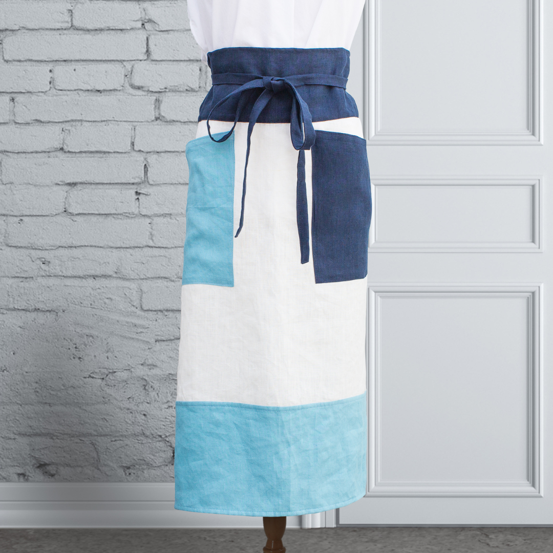 立體縫紉三色亞麻白藍收腰圍裙長款侍酒師圍裙AP07