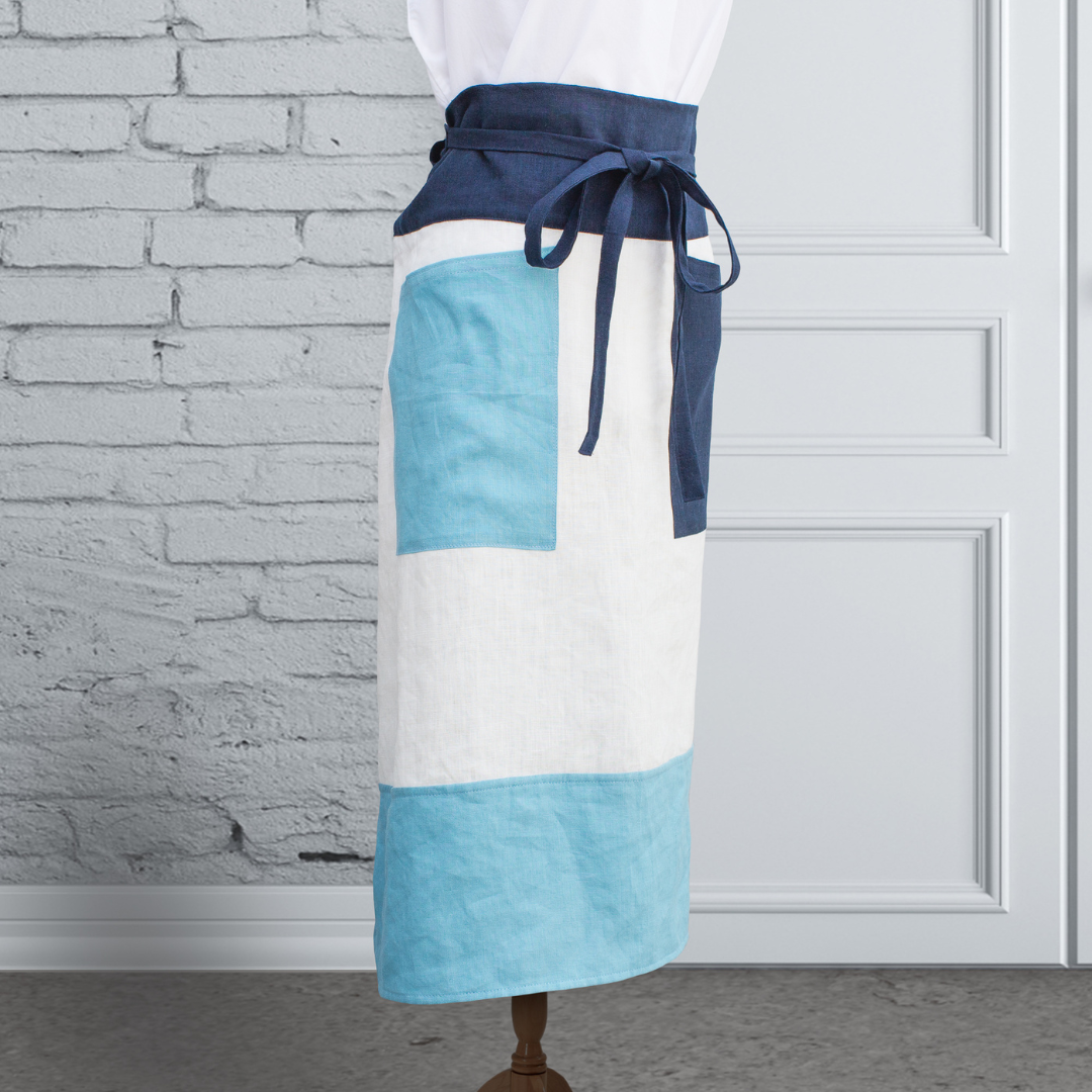立体縫製 ３色リネン・ホワイト＆ブルー・ウエストエプロン・ロングサイズ ソムリエエプロン AP07