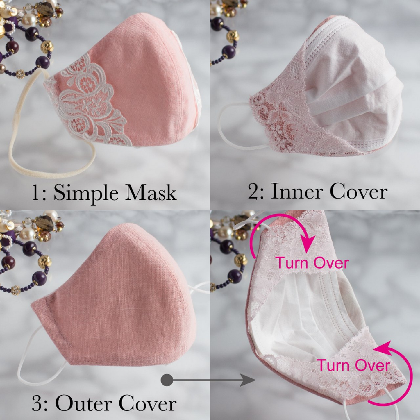 PSNY 2way Pink Lace &amp; White Linen Mask Cover Non-Woven Mask Looks Beautiful 3D Mask Skin Surface/Silk Selectable String Attached Mask Cover 3D Beauty Elegant Ceremonial Occasions Two Way 2W11