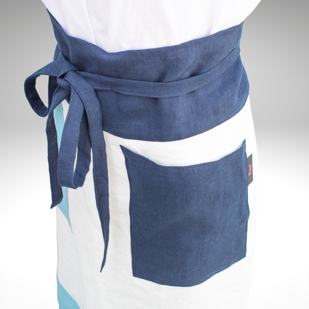 Three-dimensional sewing 3-color linen, white &amp; blue, waist apron, long size sommelier apron AP07