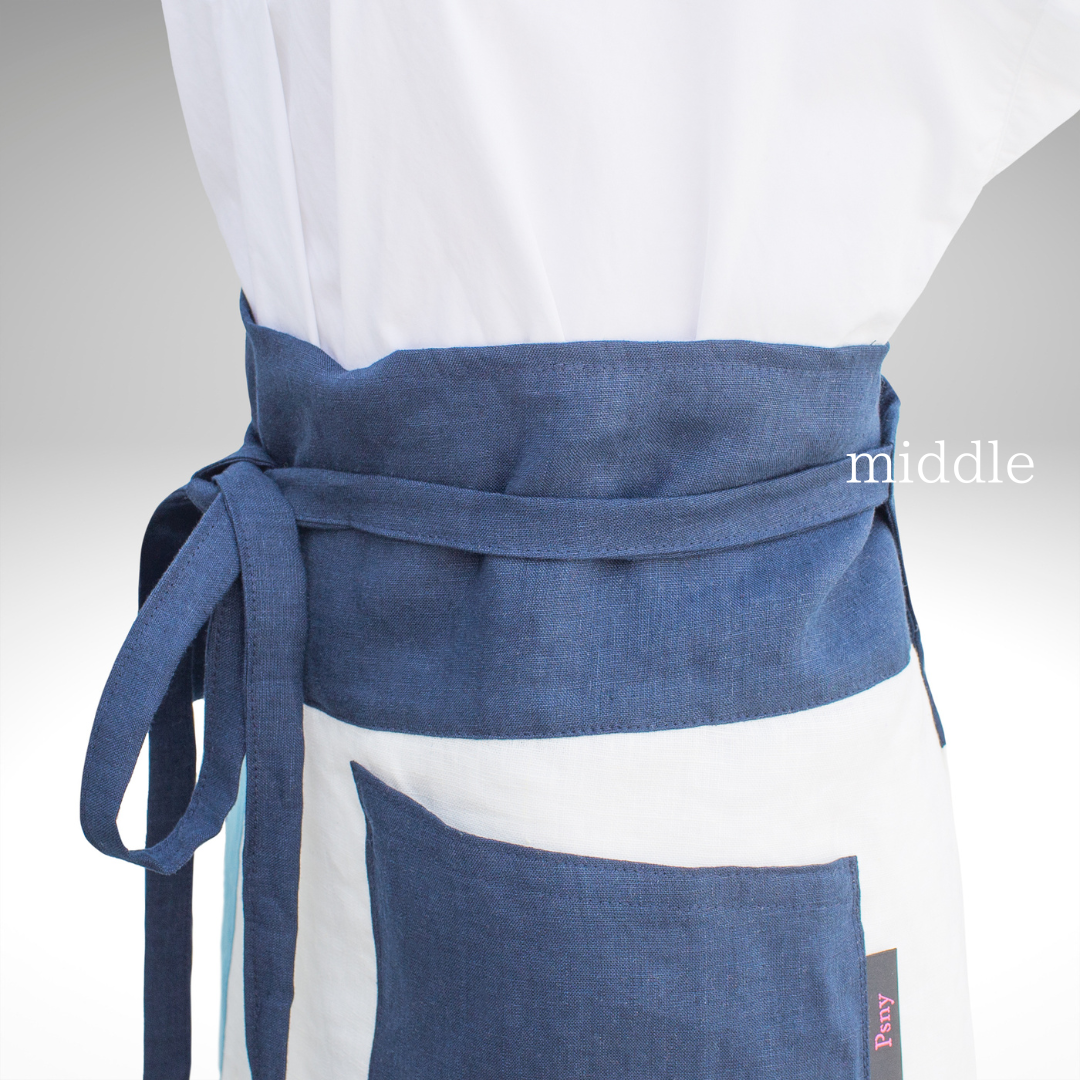 立体縫製 ３色リネン・ホワイト＆ブルー・ウエストエプロン・ロングサイズ ソムリエエプロン AP07