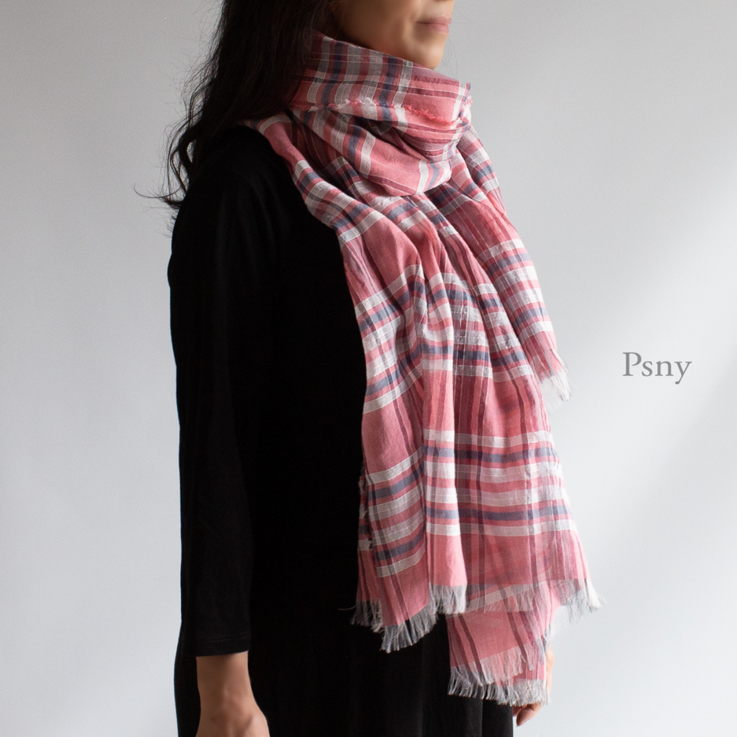 Cotton Silk Pink Check Long Stole Transparent Soft Feel Made in Japan Fluffy SV01