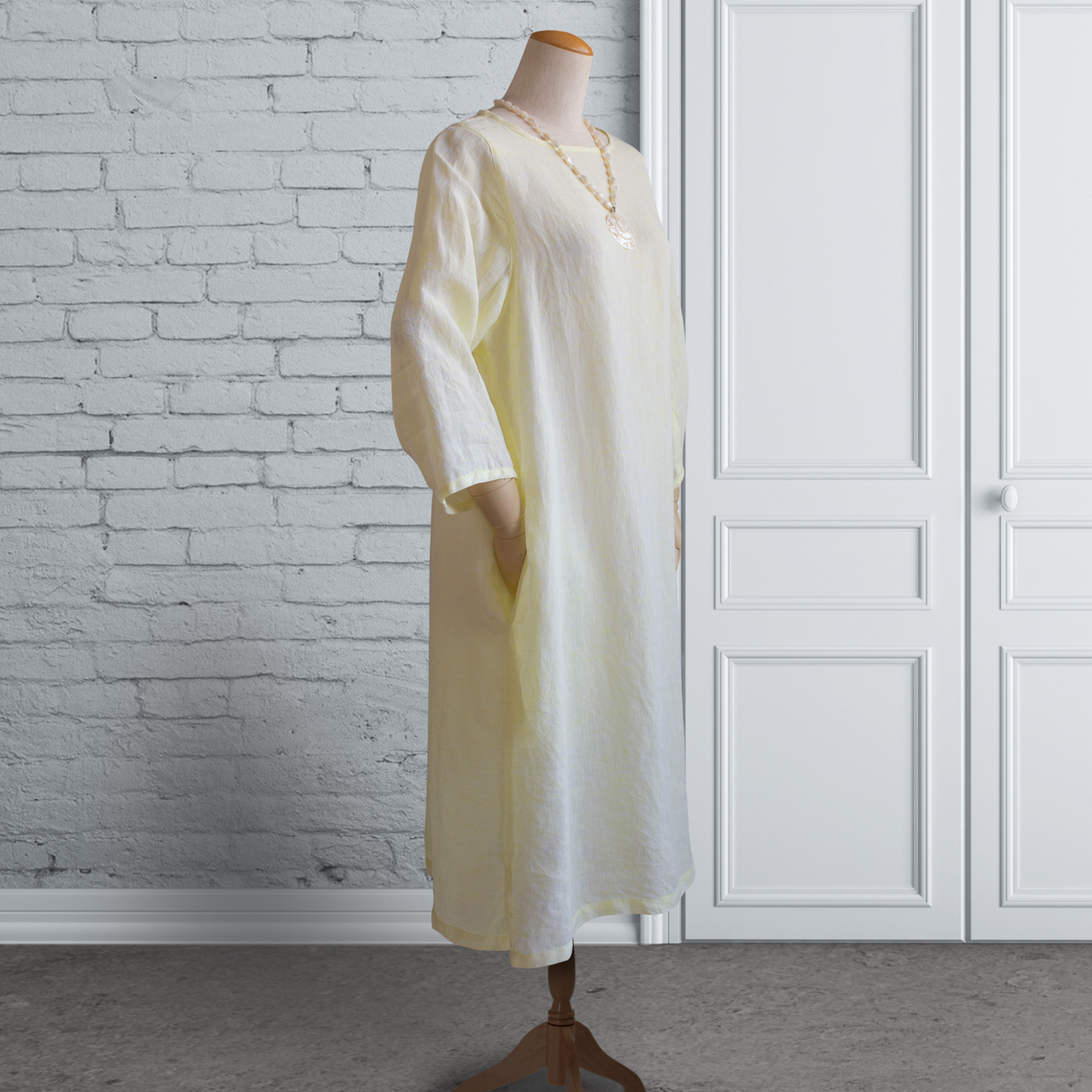 Linen Lemon Yellow Back Tuck Dress 3/4 Sleeve AP09 