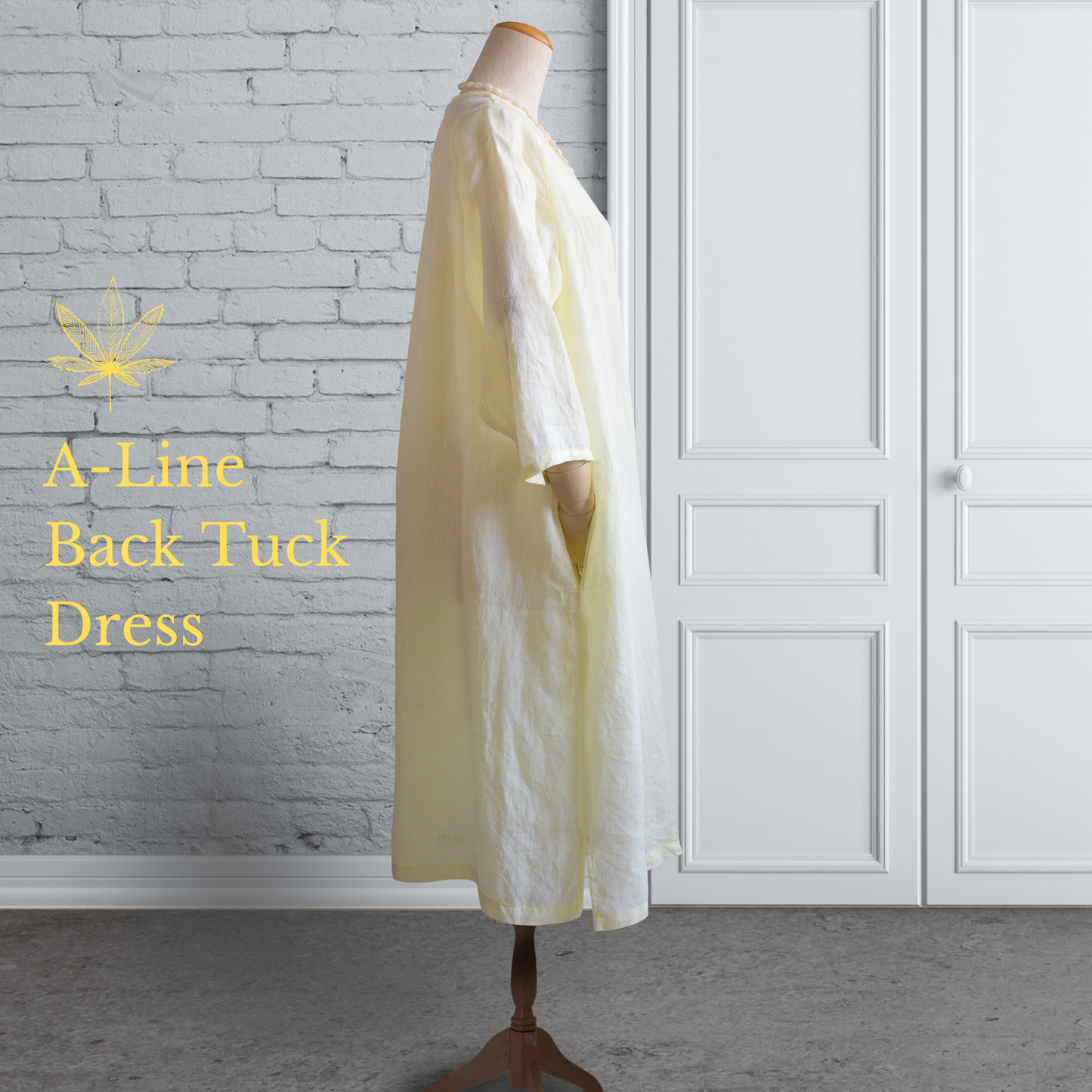 Linen Lemon Yellow Back Tuck Dress 3/4 Sleeve AP09 