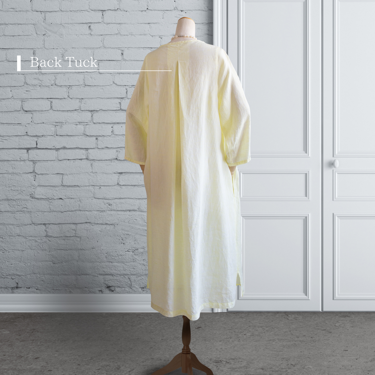 Linen Lemon Yellow Back Tuck Dress 3/4 Sleeve AP09 