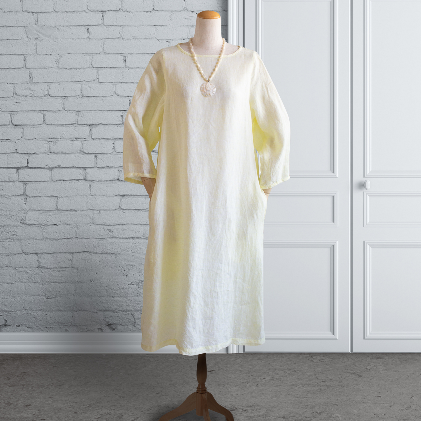 Linen Lemon Yellow Back Tuck Dress 3/4 Sleeve AP09 