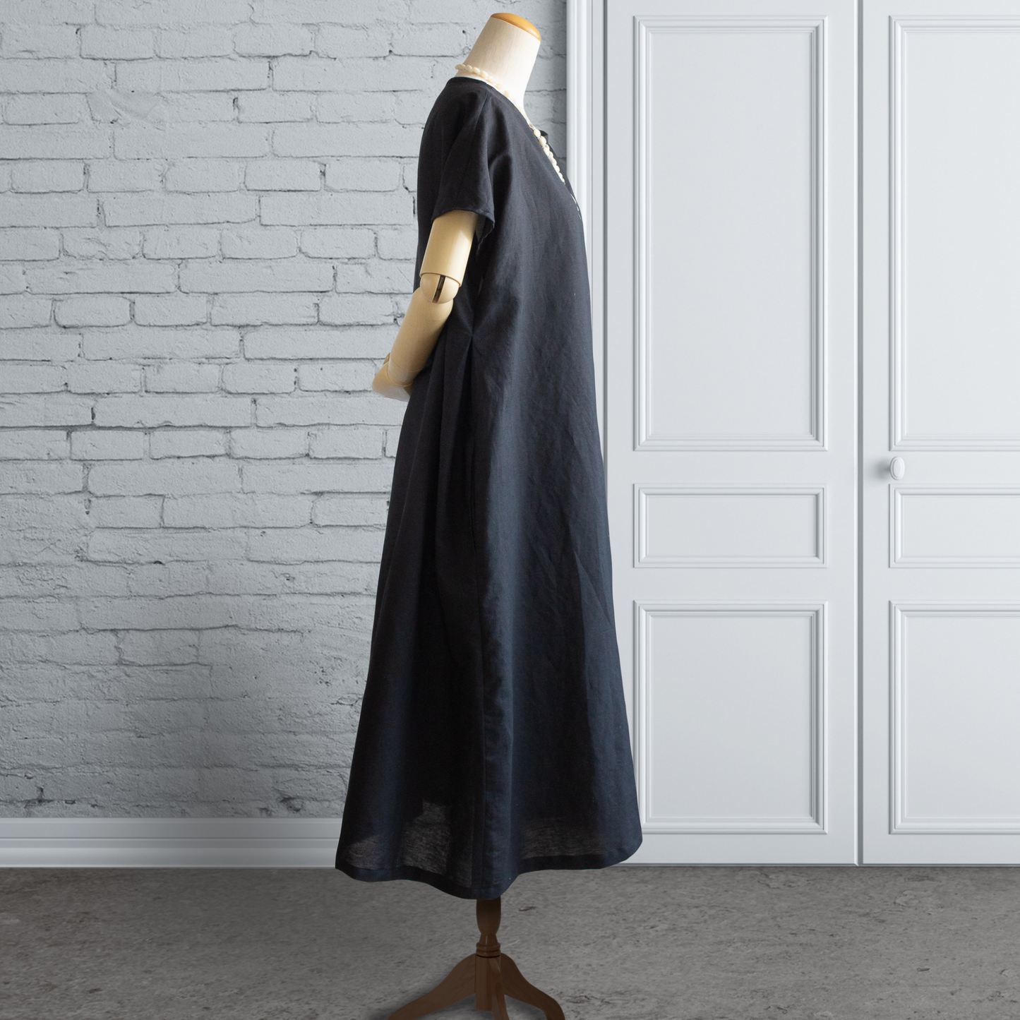 Hemp Linen Black Side Tuck Dress French Sleeve Maxi Length AP10 