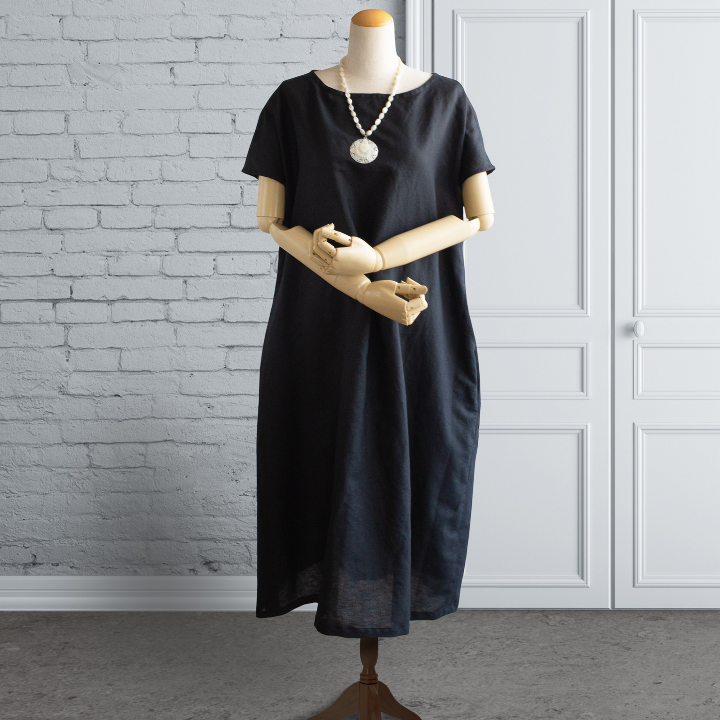 Hemp Linen Black Side Tuck Dress French Sleeve Maxi Length AP10 