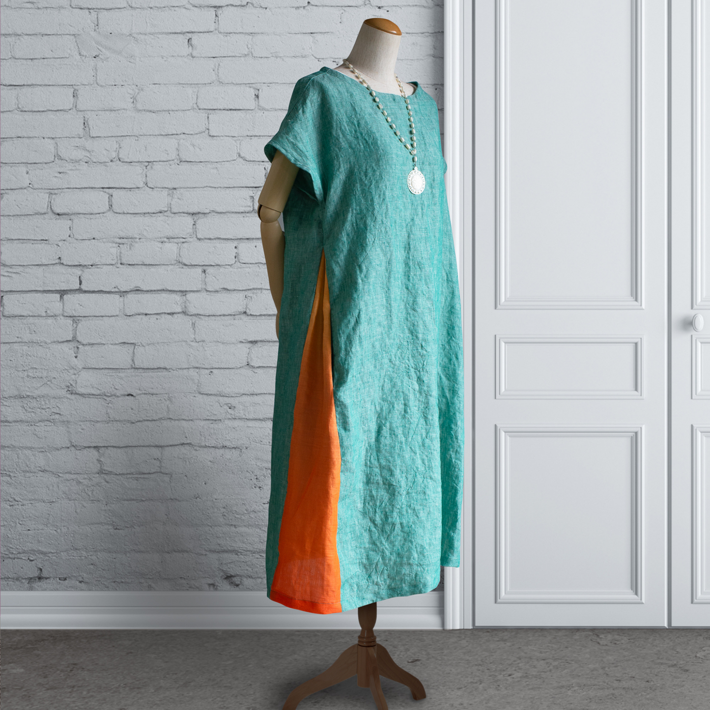 Hemp Linen Jade Green Gradation Side Tuck Dress French Sleeve AP11