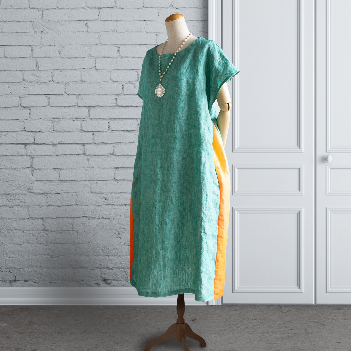 Hemp Linen Jade Green Gradation Side Tuck Dress French Sleeve AP11
