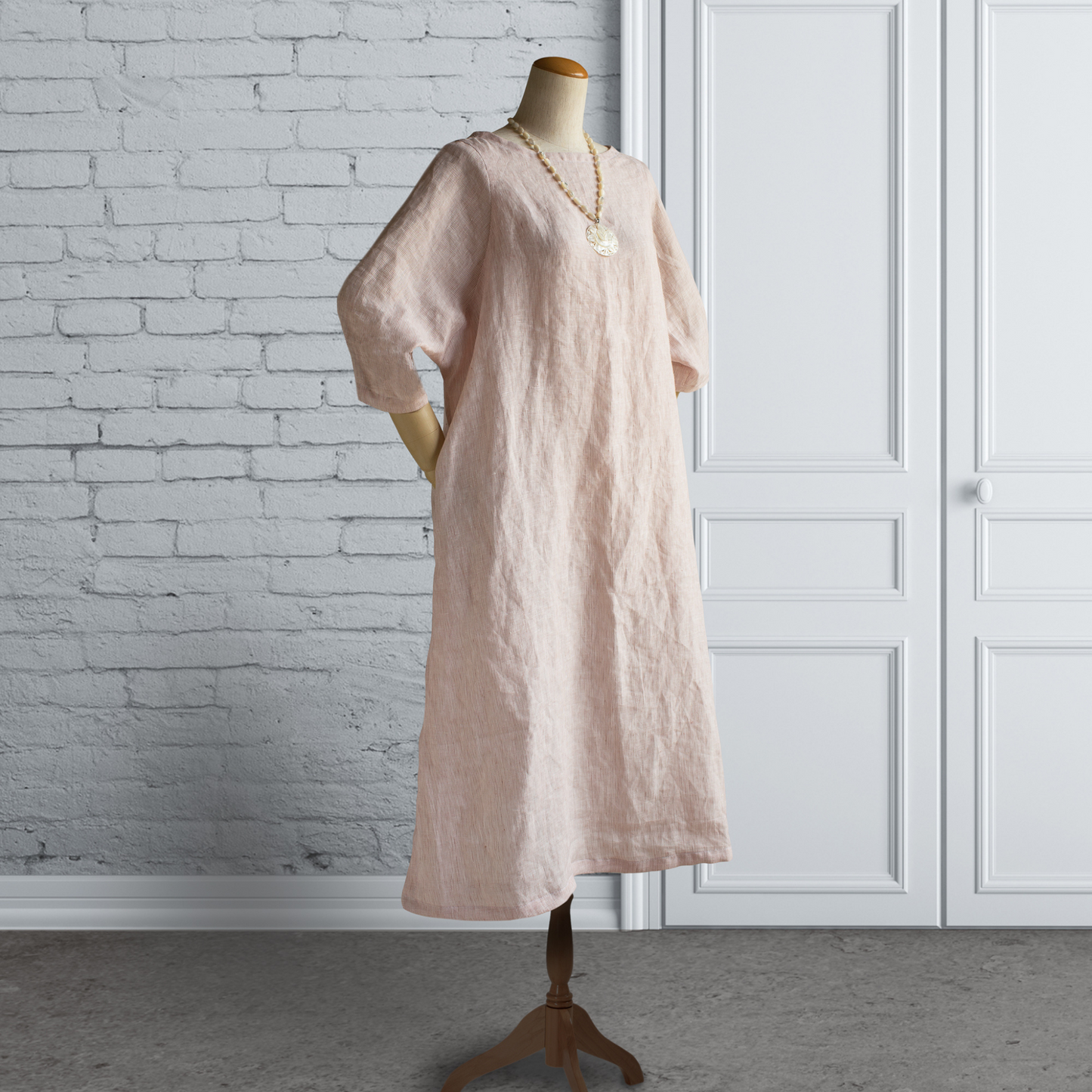 PSNY Raglan Sleeve Basic Linen Dress Pink Stripe AP13 