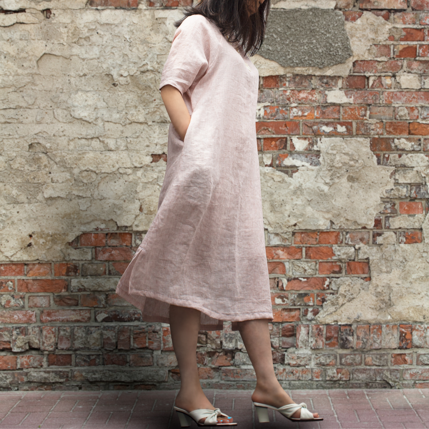 PSNY Raglan Sleeve Basic Linen Dress Pink Stripe AP13 