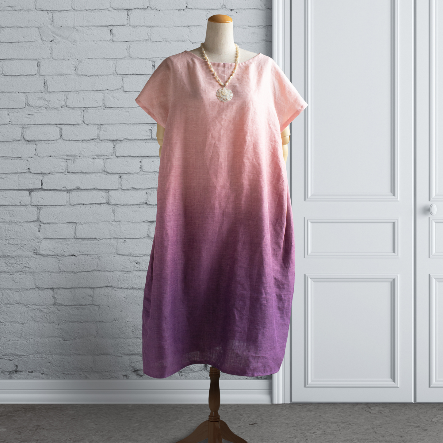 Hemp Linen Gradation Ancien Pink Side Tuck Tunic Dress French Sleeve AP14