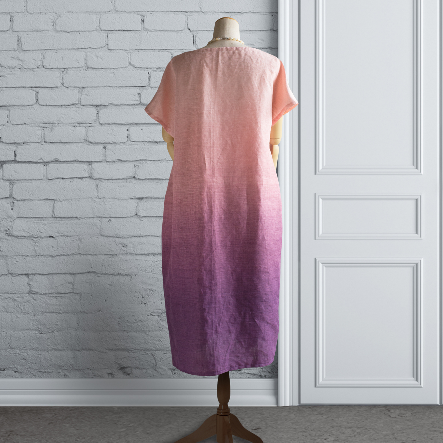 Hemp Linen Gradation Ancien Pink Side Tuck Tunic Dress French Sleeve AP14