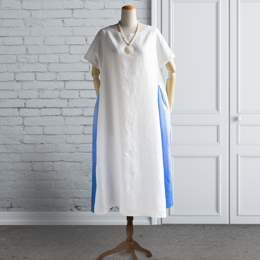 Signature リネン ホワイト×グラデーション スカイブルー サイドタック ワンピース（フレンチスリーブ）