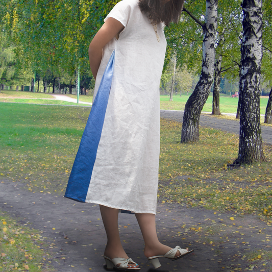 Signature リネン ホワイト×グラデーション スカイブルー サイドタック ワンピース（フレンチスリーブ）