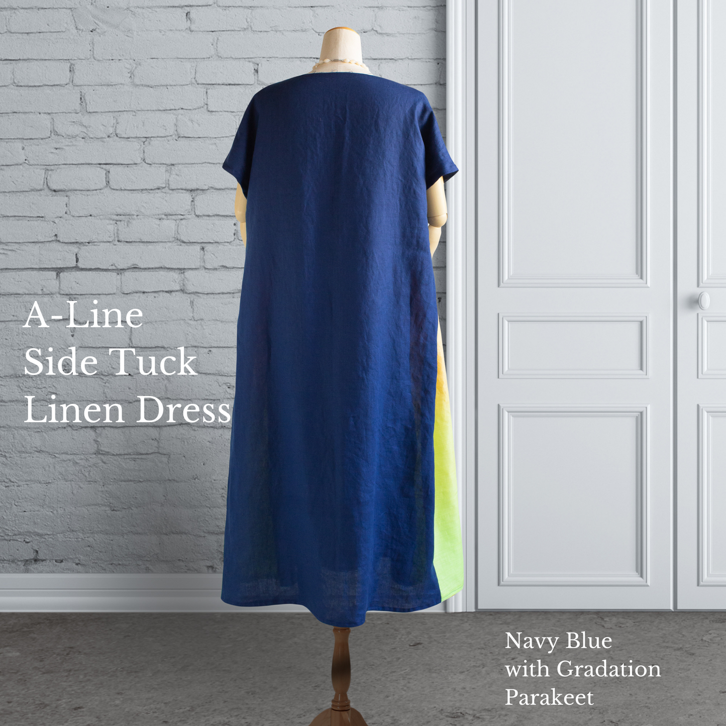 PSNY Hemp Linen Navy Blue Gradation Parakeet Side Tuck Dress French Sleeve AP16 