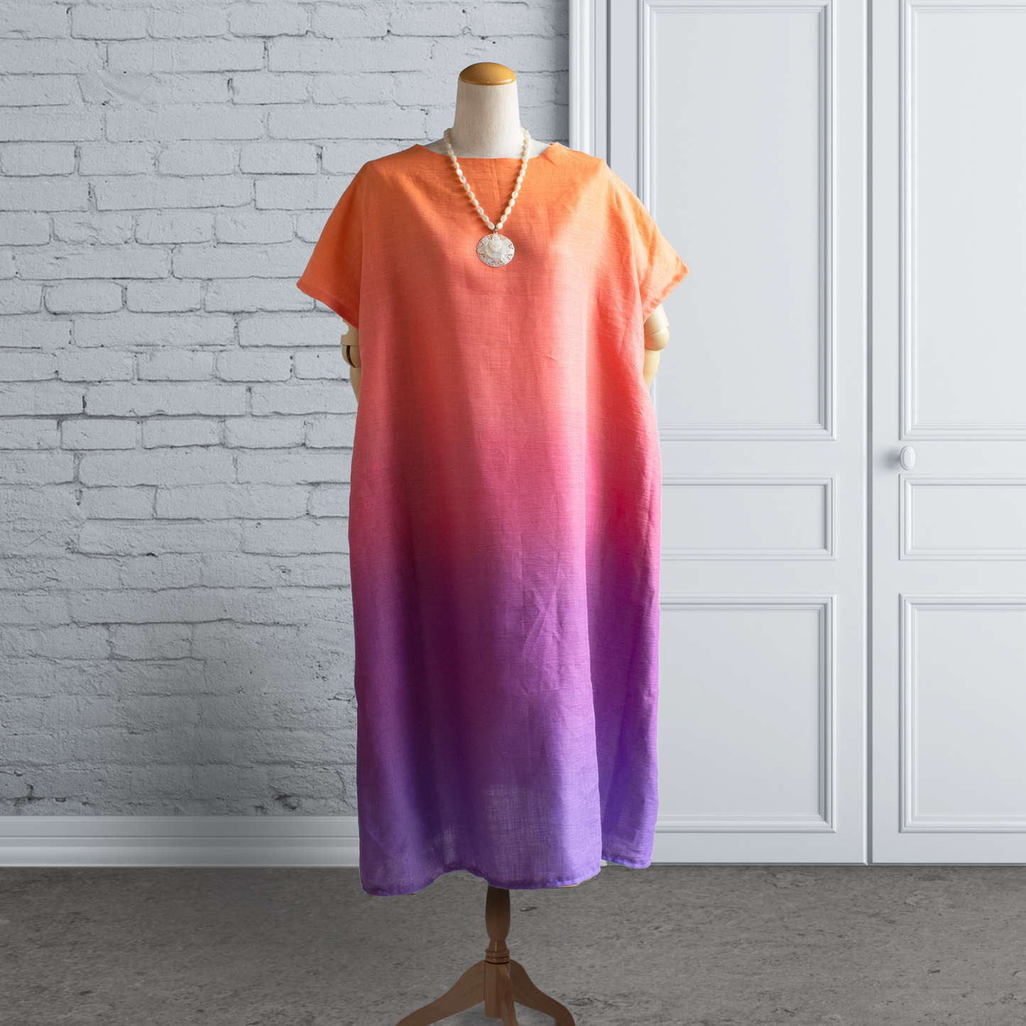 PSNY Hemp Linen Gradation Sunrise Side Tuck Tunic Dress French Sleeve AP17