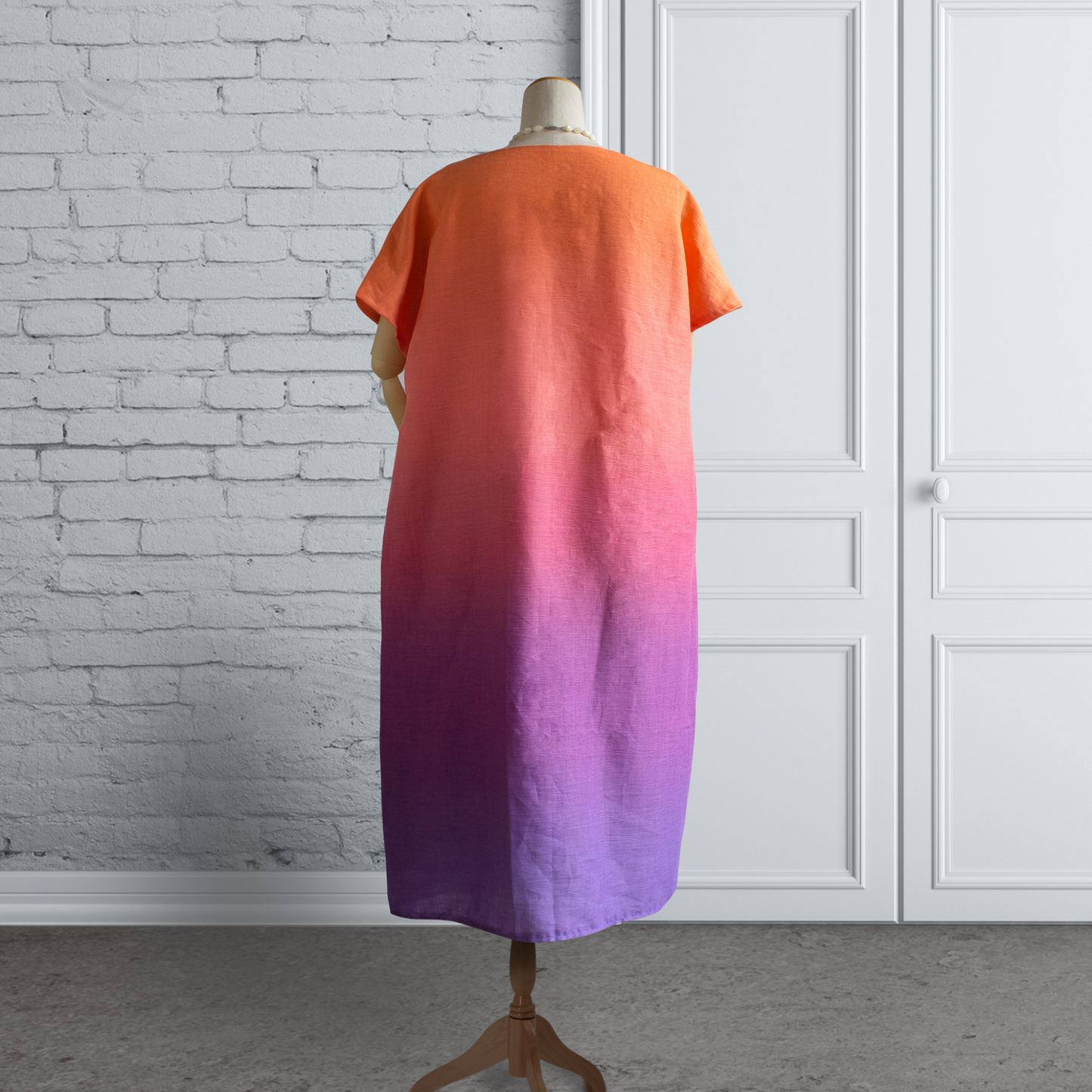 PSNY Hemp Linen Gradation Sunrise Side Tuck Tunic Dress French Sleeve AP17