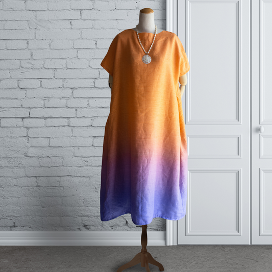 Atelier リネン フルグラデーション マンダリンブルー サイドタック チュニックワンピース（フレンチスリーブ）