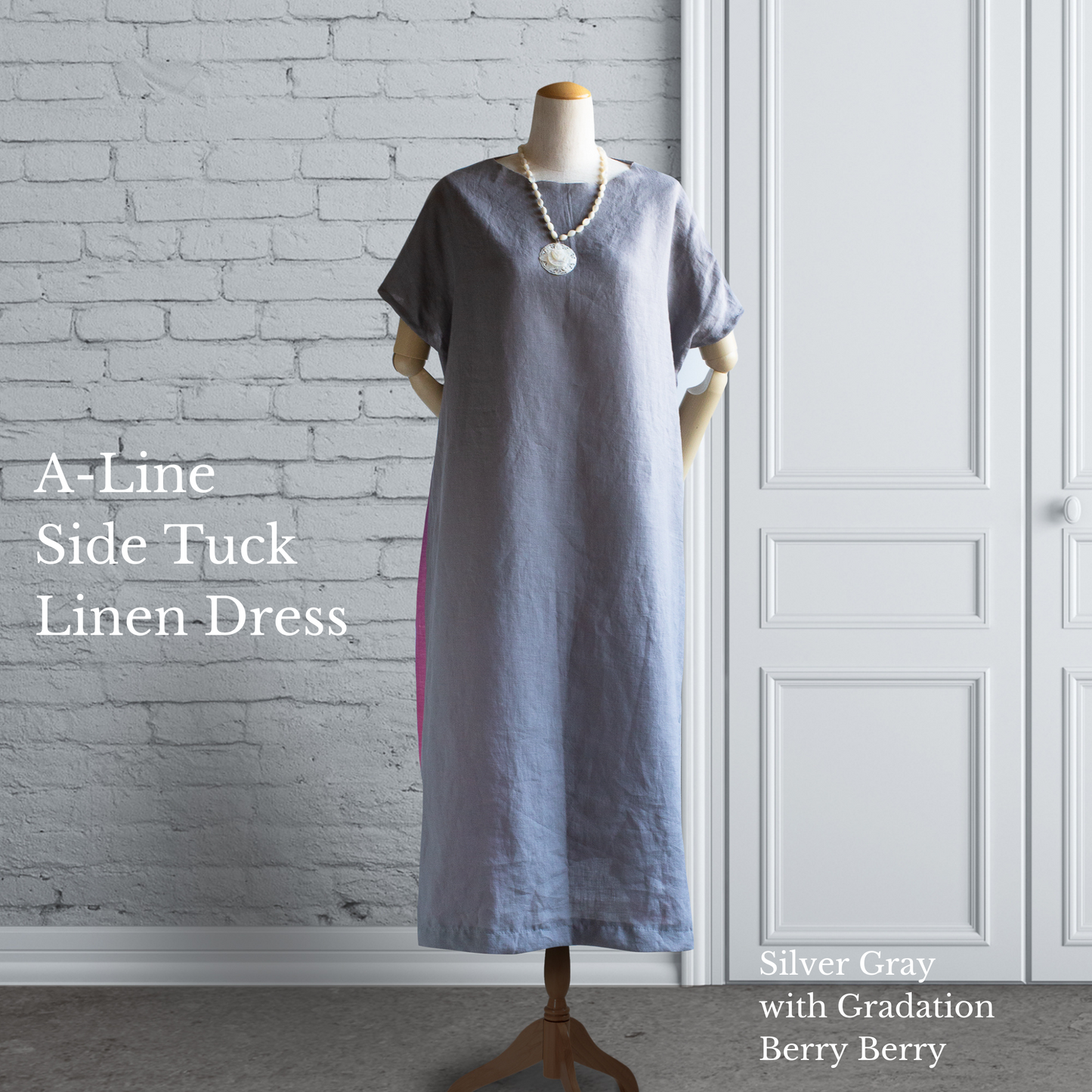 PSNY Hemp Linen Silver Gray Gradation Very Berry Side Tuck Dress French Sleeve AP20 