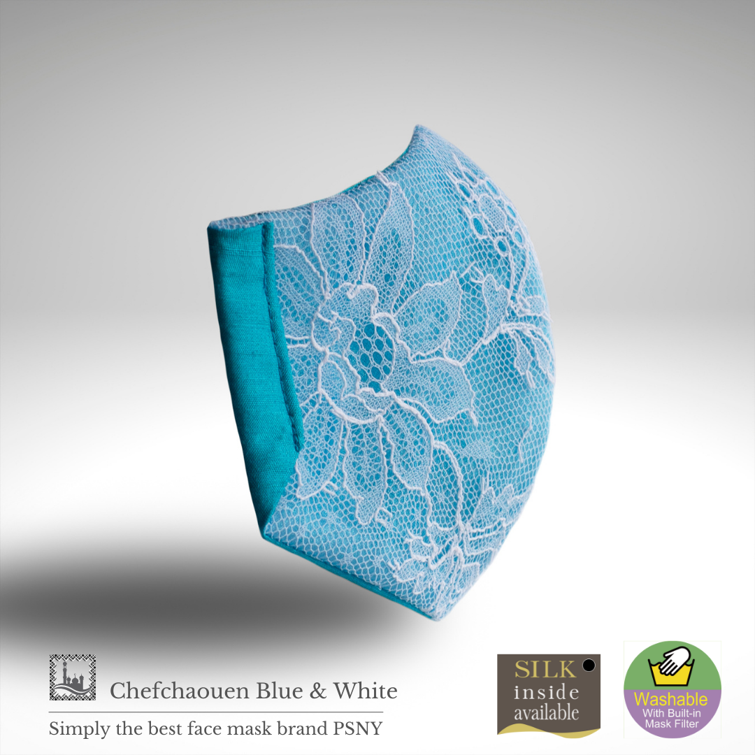 Blue &amp; white lace filter mask FR29 on skin silk