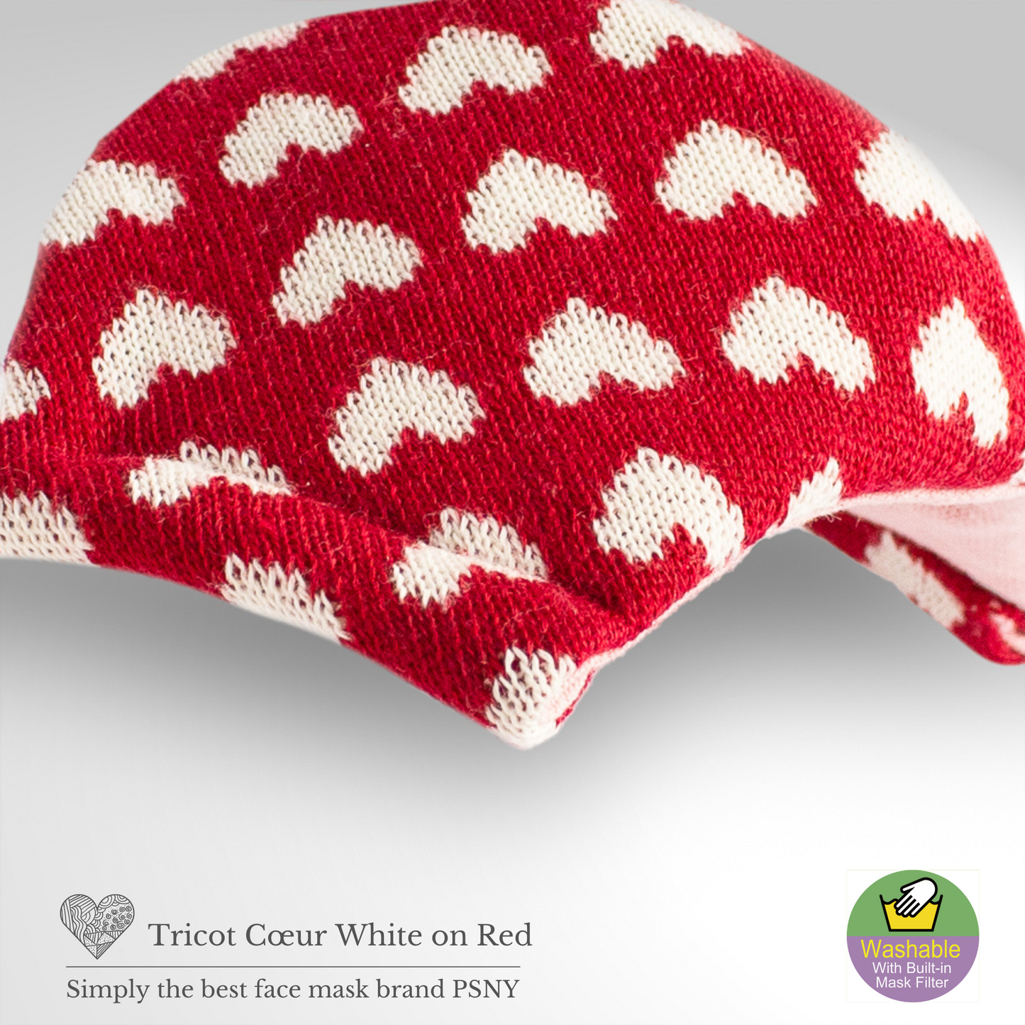 PSNY 蓬鬆針織心形圖案，白色，紅色基礎口罩，帶濾鏡 KN01