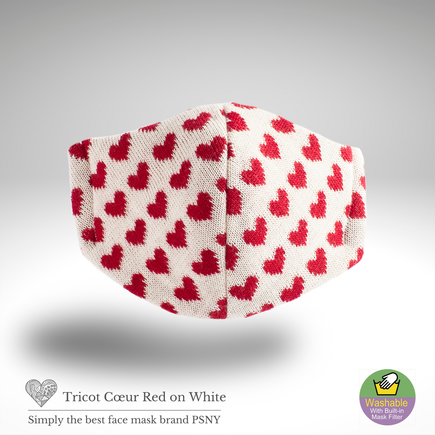 PSNY Fluffy Knit Heart Pattern / Red / White Base Mask with Filter KN02