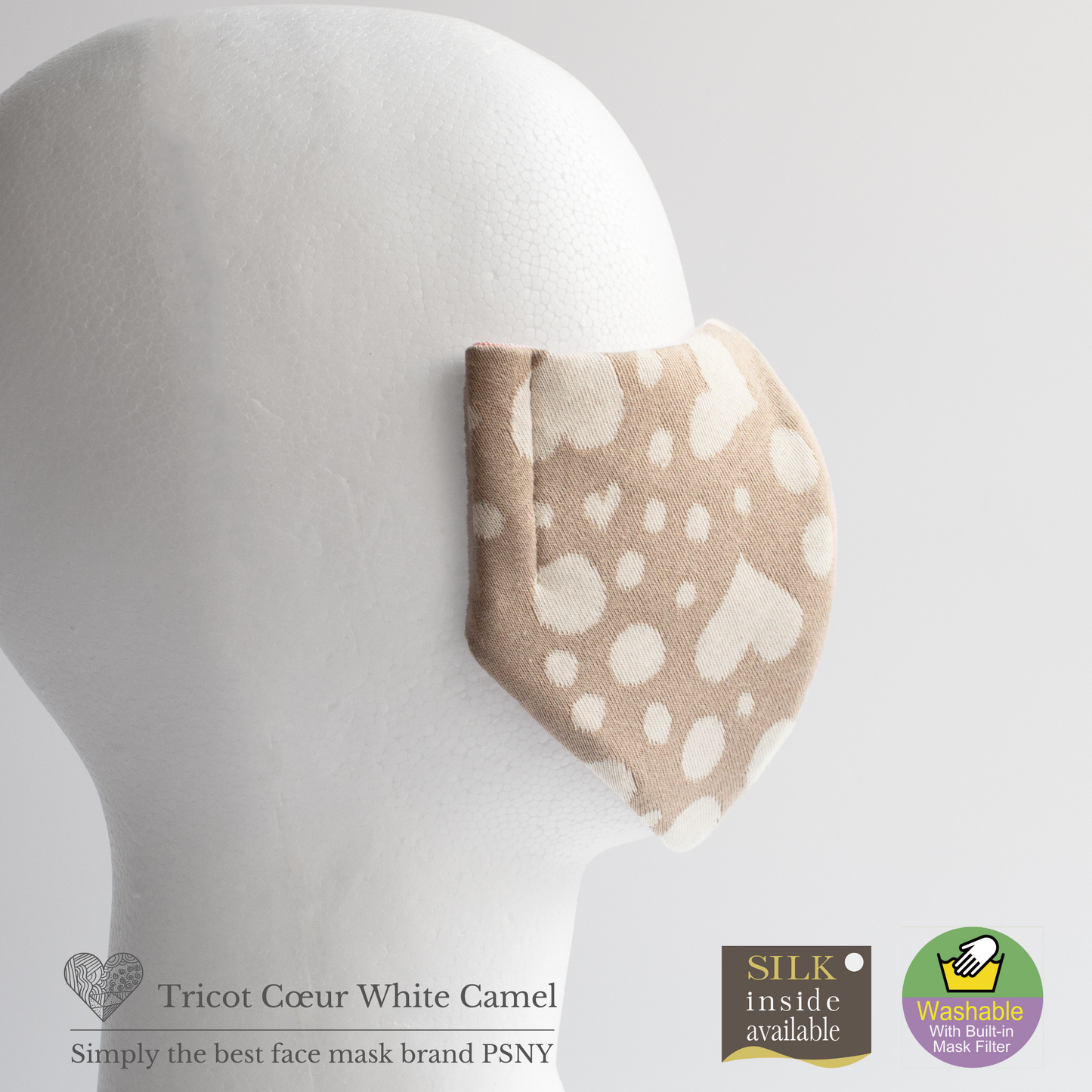 PSNY Fluffy Knit Cute White Heart On Camel Mask KN05