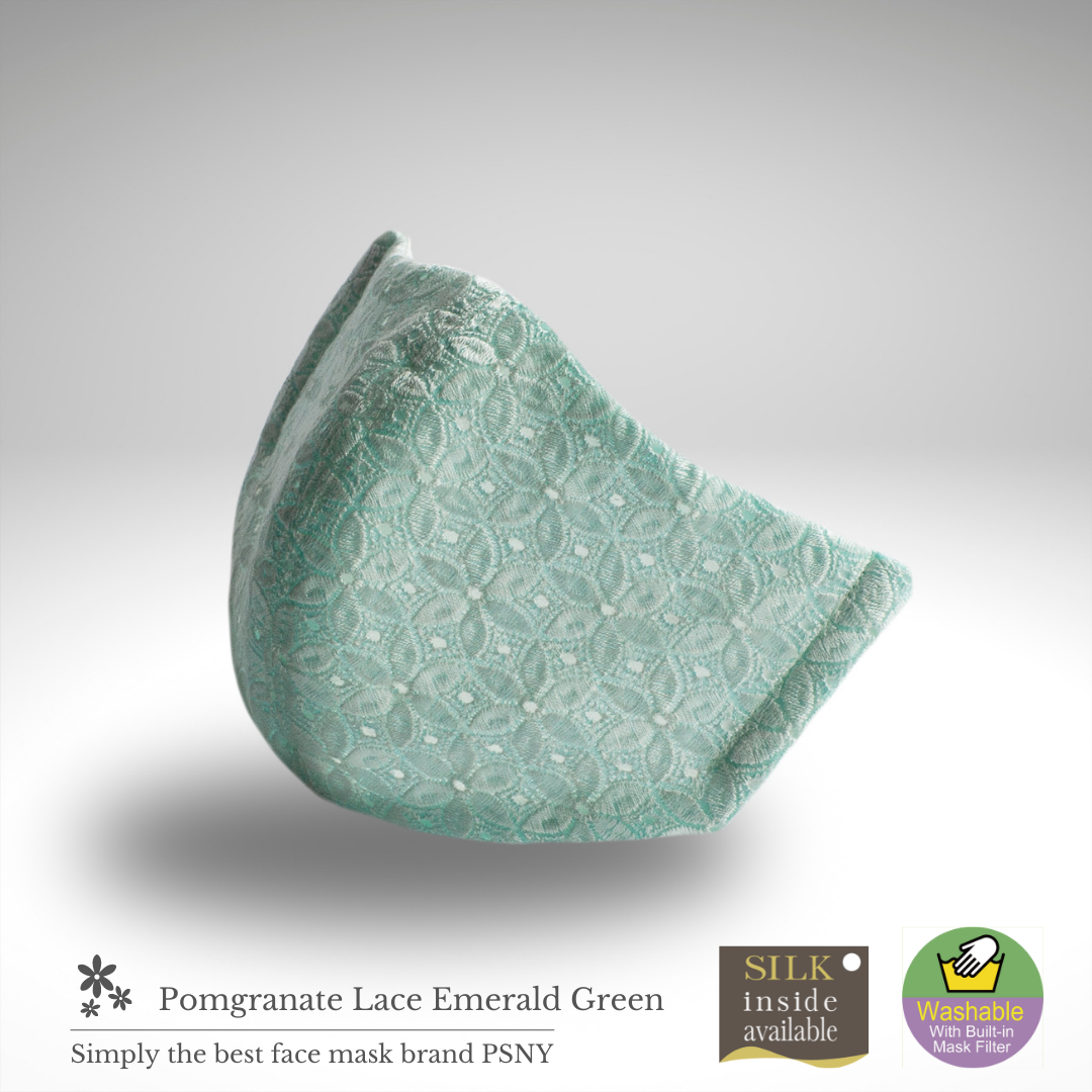 上品なエメラルドグリーンのポブグラネイト・刺繍・レース・マスク PG02