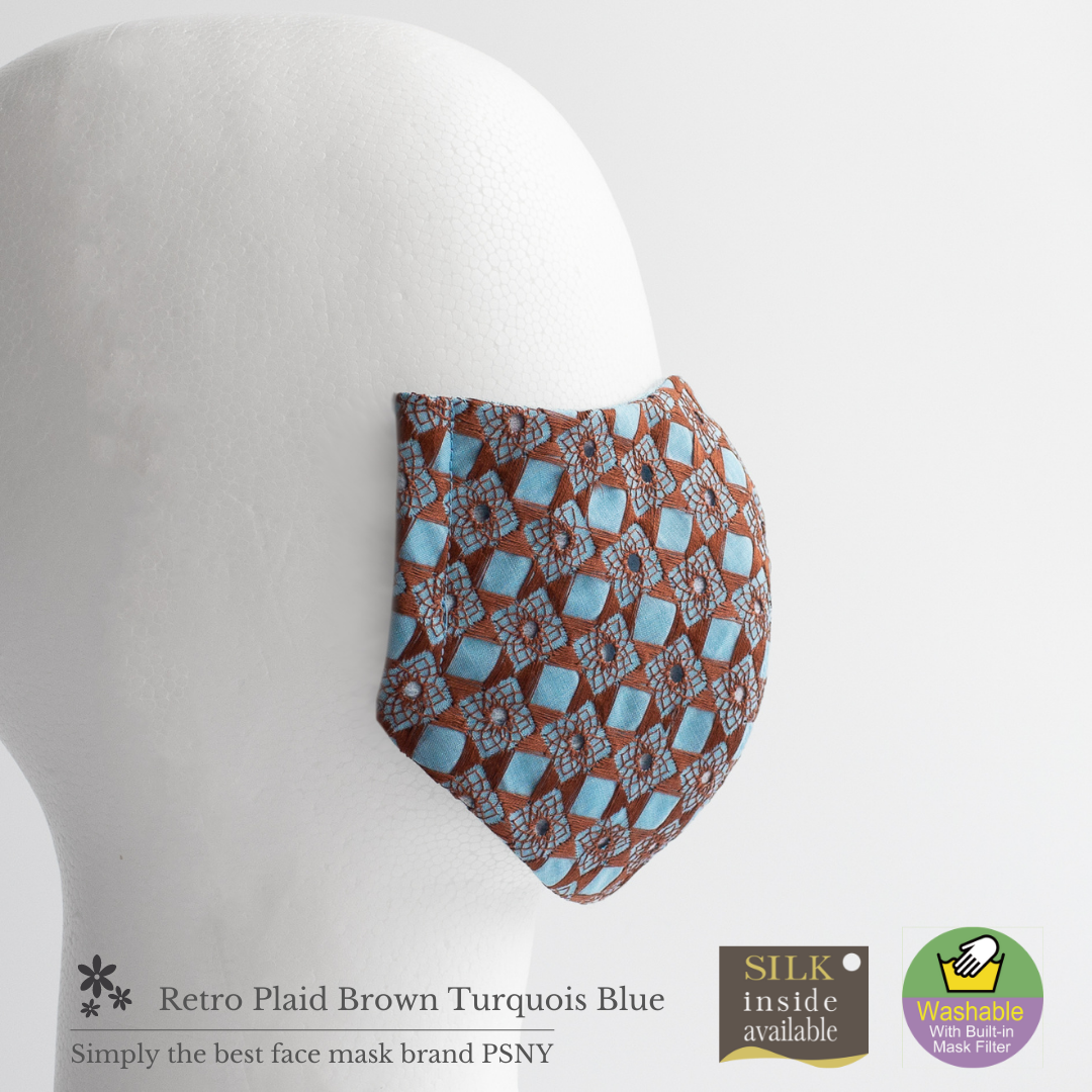 Retro Plaid Embroidered Lace Brown and Turquoise Filtered Mask PG05