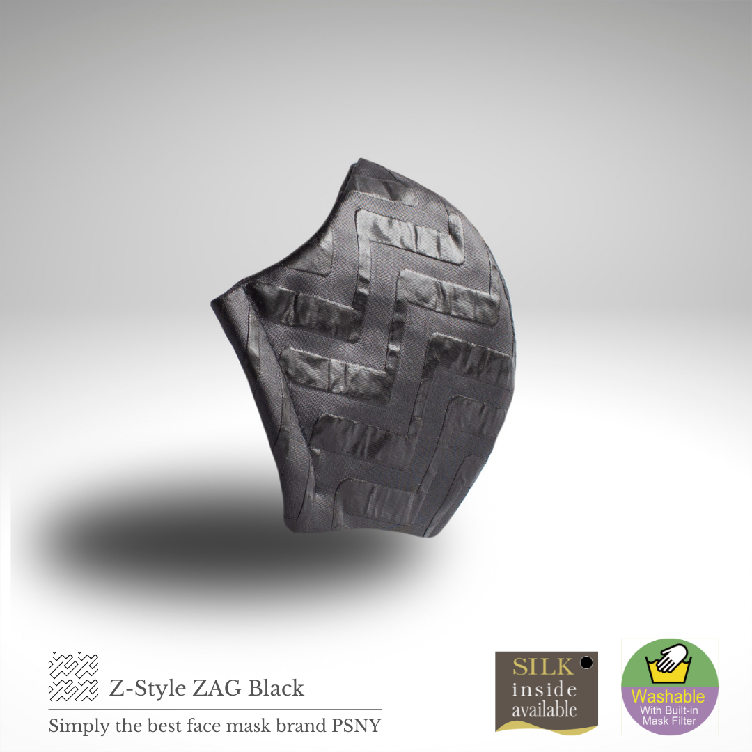 ジオメトリック・ザグ・ブラック・マスク 洗える革風の布マスク 花粉 不織布フィルター入り レザー調 幾何学模様 光沢のある素材 スマートな雰囲気 立体 高級 大人用 おとな ますく ZZ02