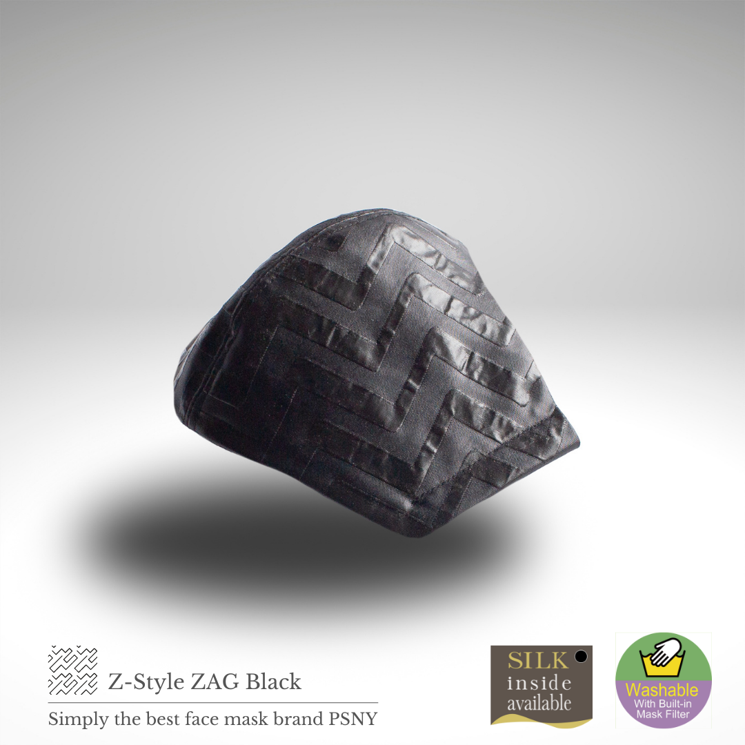 ジオメトリック・ザグ・ブラック・マスク 洗える革風の布マスク 花粉 不織布フィルター入り レザー調 幾何学模様 光沢のある素材 スマートな雰囲気 立体 高級 大人用 おとな ますく ZZ02