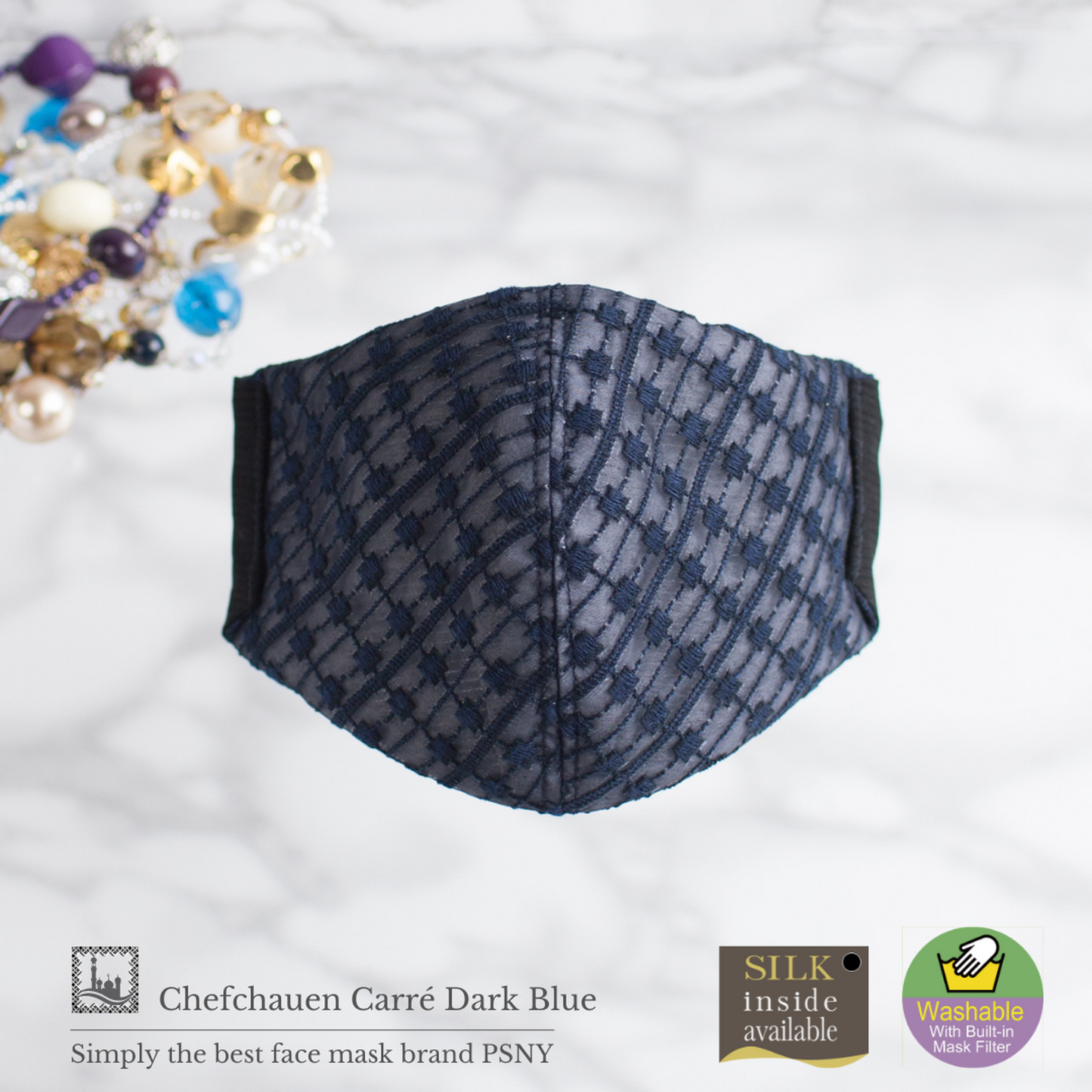 PSNY 免費送貨 Chefchaouen Carré 深藍色蕾絲真絲內裡 100% 真絲觸感柔軟親膚花粉無紡布過濾器包括夏季透明 3D 連衣裙面膜 CH10