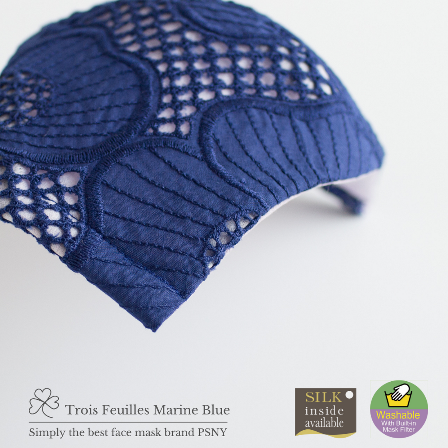PSNY Troisfeuille, Cotton, Cutwork, Lace, Marine Blue Mask, Non-woven Fabric Filter Included, Blue, Dark Blue, Summer, Beautiful, Delicate, Pollen, Yellow Sand, Elegant, Elegant, Linen, Adult Mask TF04